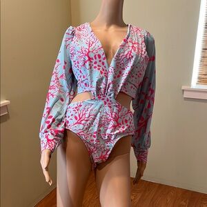 Boutique Blue and Pink Long Sleeve Monkini Swimsuit Size 2XL